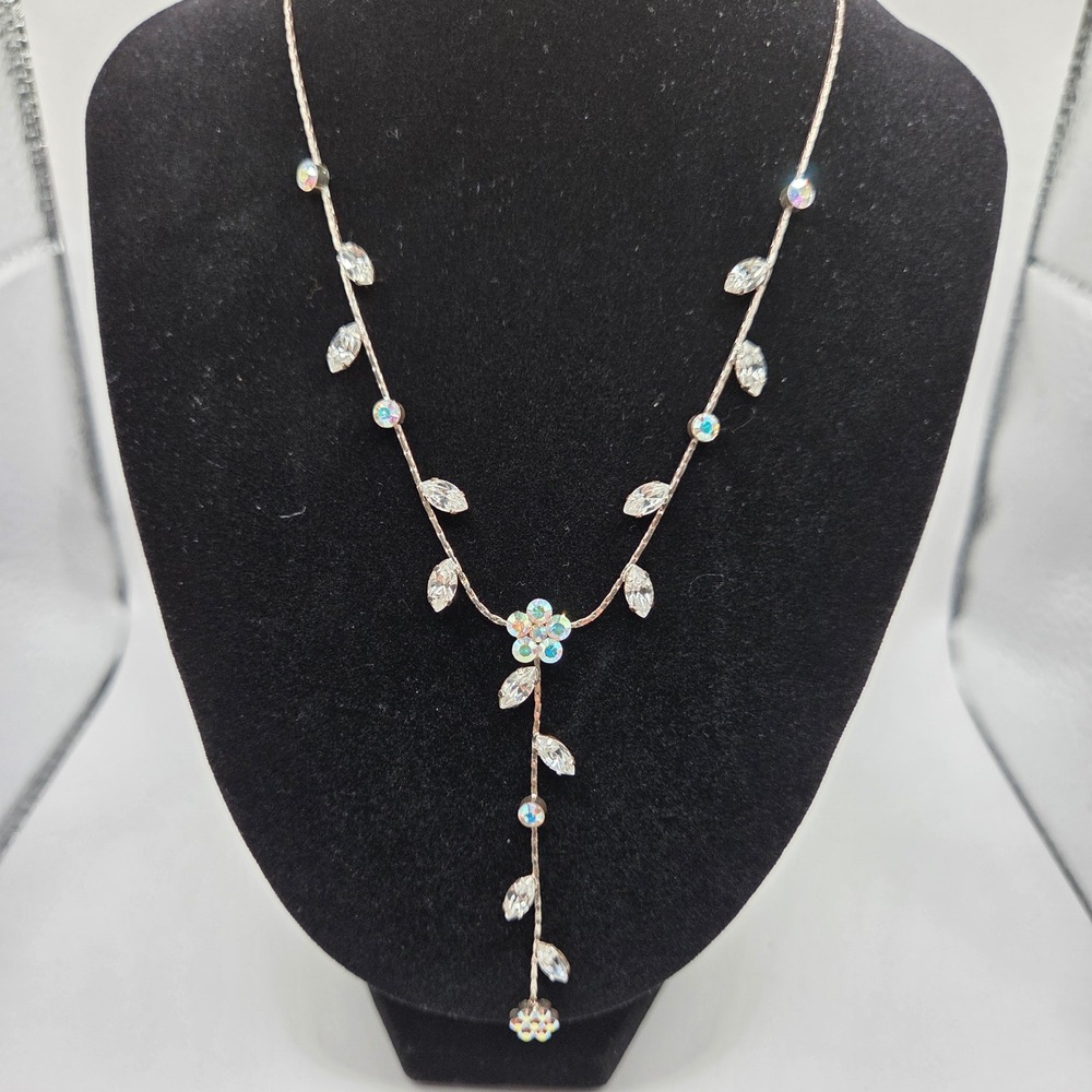 Silver Tone Aurora Borealis Rhinestone Floral Y Drop Necklace 17" Adjustable